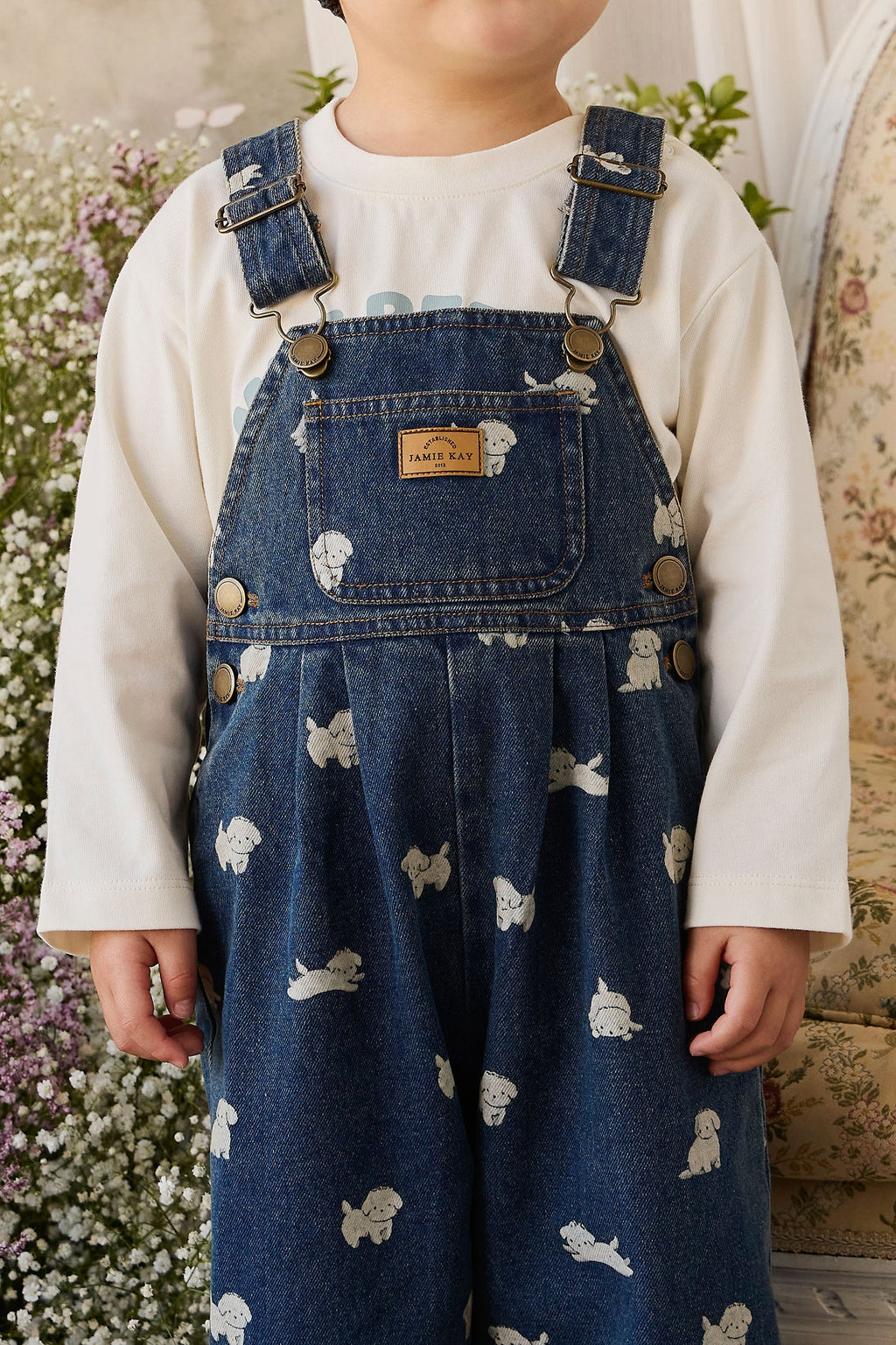 Salopette en jean imprimé chiot – Bébé et enfant (6 mois–6 ans)